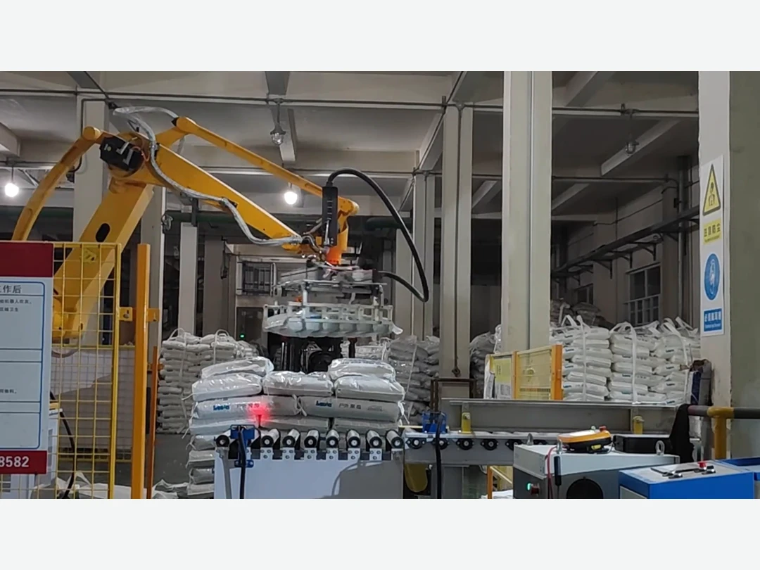 A customer-site view of a robot transferring filled bags from a conveyor onto a pallet.