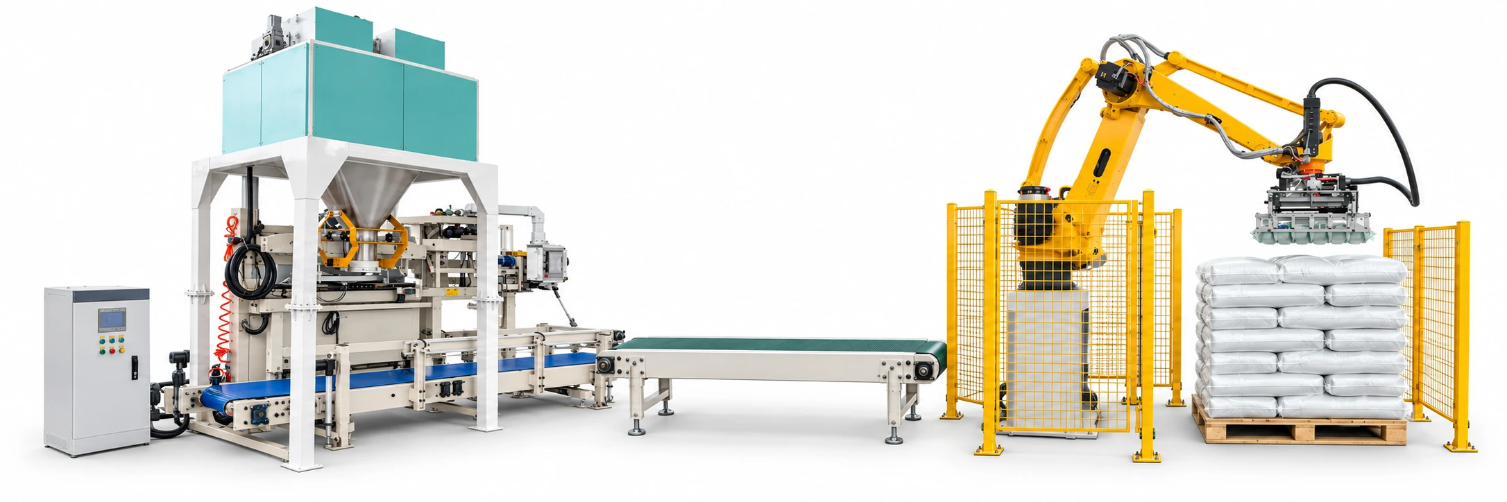 Representative bagging, conveying and robotic palletizing modules on a white background